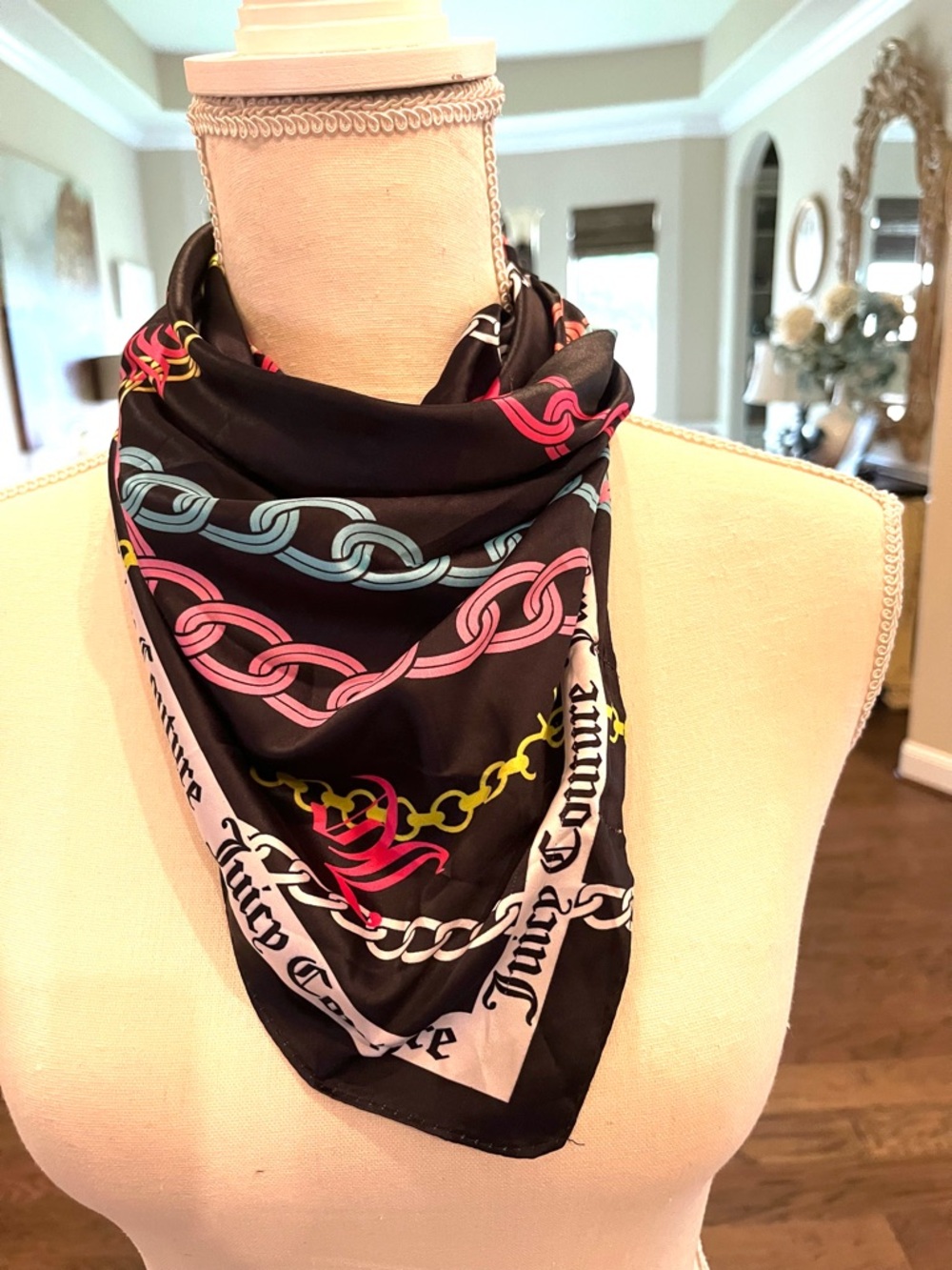 Juicy Couture Black Scarf with Neon Chain Print - Picture 2 of 15